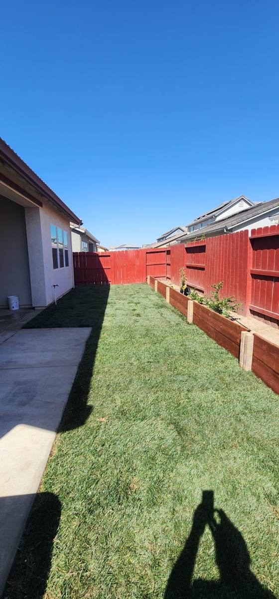 Finished backyard lawn and planter beds in Manteca