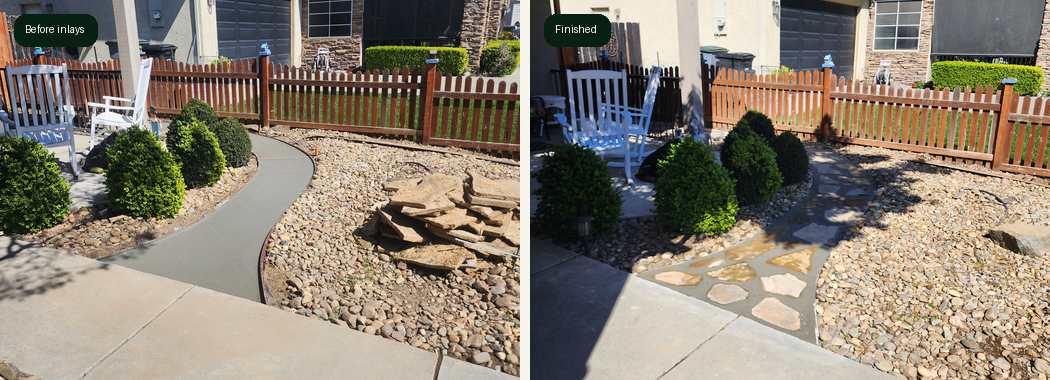 Escalon concrete walkway before and after paver inlays